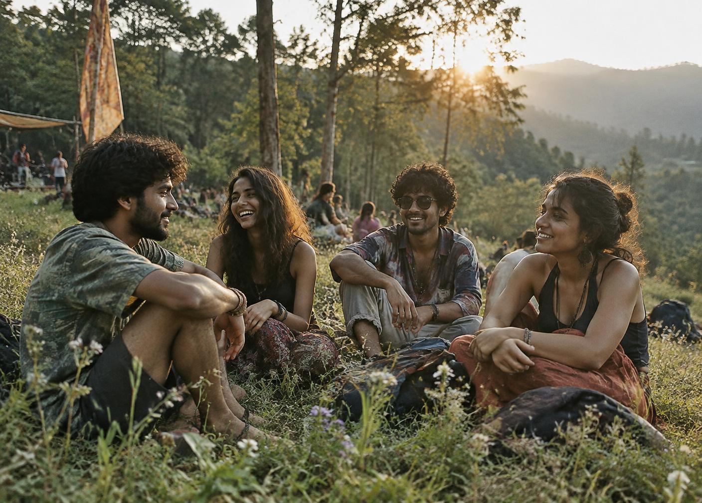 Friends connecting in a grassy field at golden hour