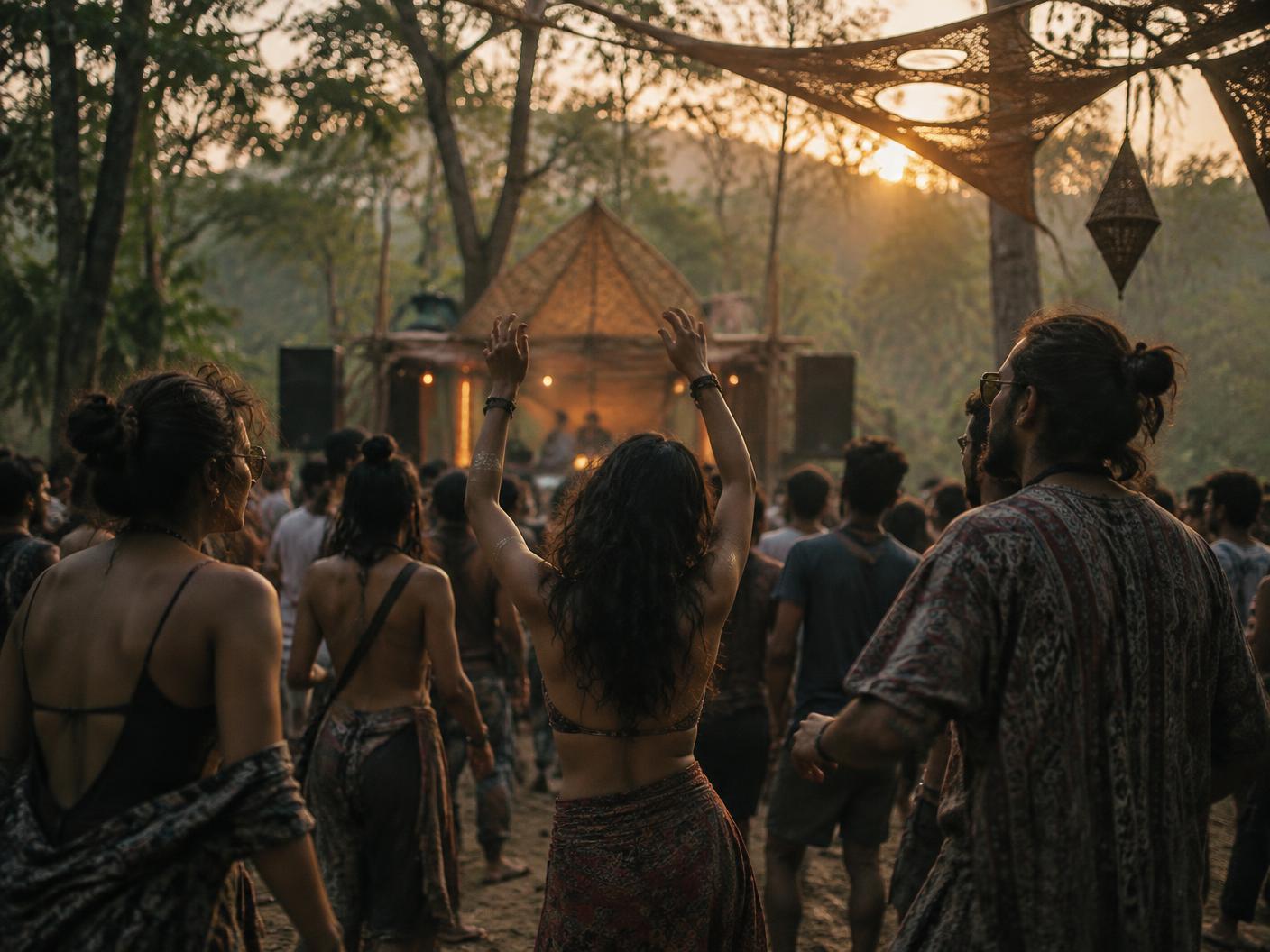 People dancing beneath a forest canopy at an outdoor gathering